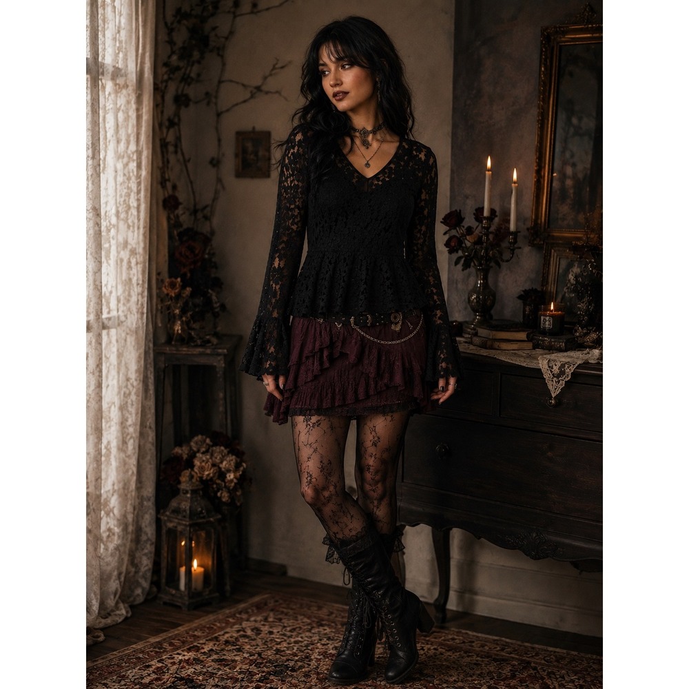 Womens Black Lace Bell Sleeve Tunic Top Romantic Gothic Boho Sheer Blouse